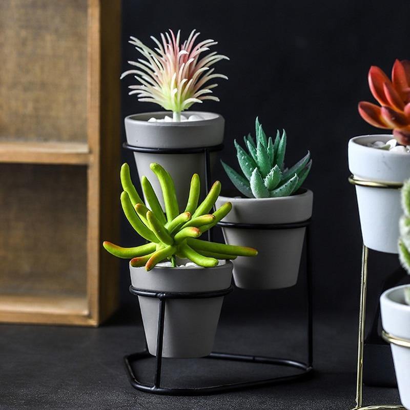 Three Small Ceramic Planters on an Iron Stand, view 5