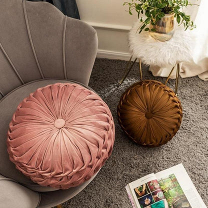 Round Velvet Ruffle Cushion with a Center Button, view 4
