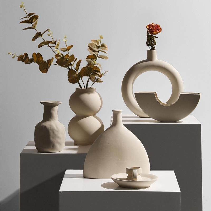Matte Beige Ceramic Vase, 12 Sculptural Styles