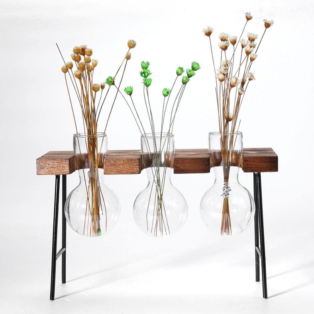 Glass Propagation Bulbs on a Wood and Metal Stand, view 9
