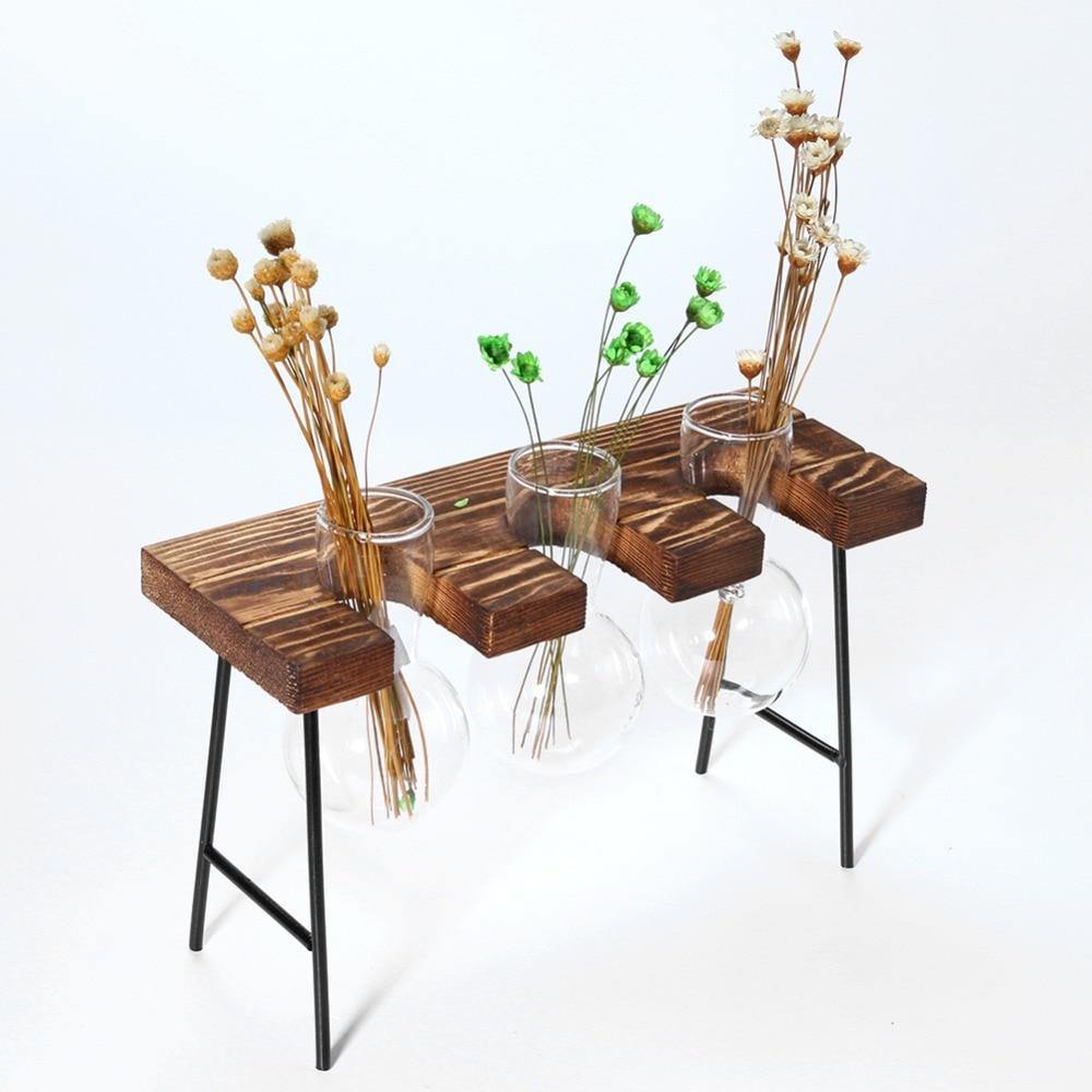 Glass Propagation Bulbs on a Wood and Metal Stand, view 5