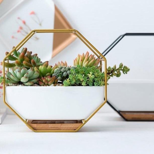 Ceramic Wall Planter with Iron Frame and Bamboo Tray, view 9