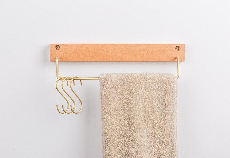 Wood and Brass Bathroom Towel Rack, Two Sizes, view 6
