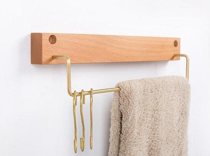 Wood and Brass Bathroom Towel Rack, Two Sizes, view 15