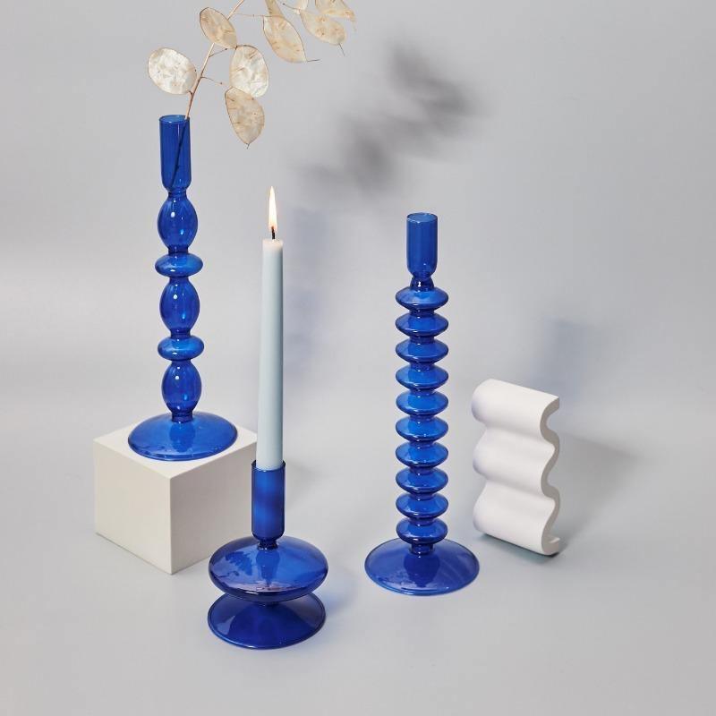 Blue Glass Taper Candle Holder in Seven Shapes