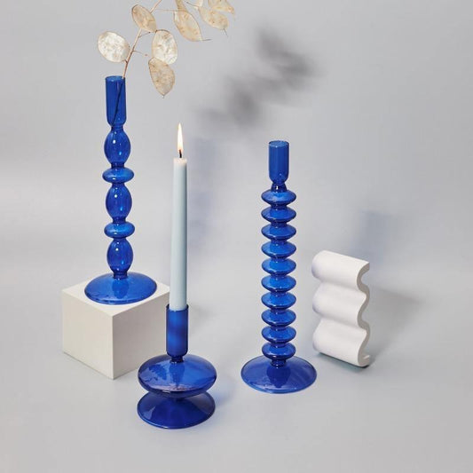 Blue Glass Taper Candle Holder in Seven Shapes