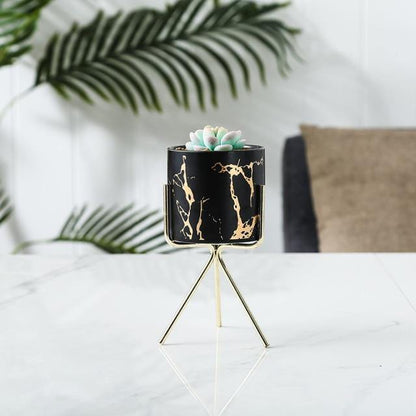 Marbled Ceramic Planter on a Geometric Metal Stand, view 20