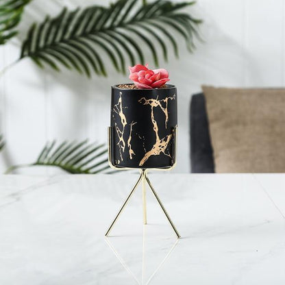 Marbled Ceramic Planter on a Geometric Metal Stand, view 15