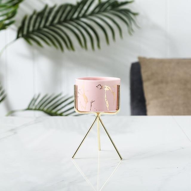 Marbled Ceramic Planter on a Geometric Metal Stand, view 12