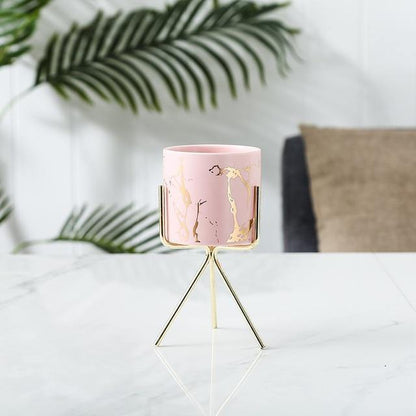 Marbled Ceramic Planter on a Geometric Metal Stand, view 10