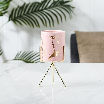Marbled Ceramic Planter on a Geometric Metal Stand, view 13