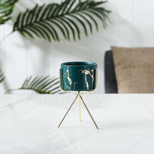 Marbled Ceramic Planter on a Geometric Metal Stand, view 17