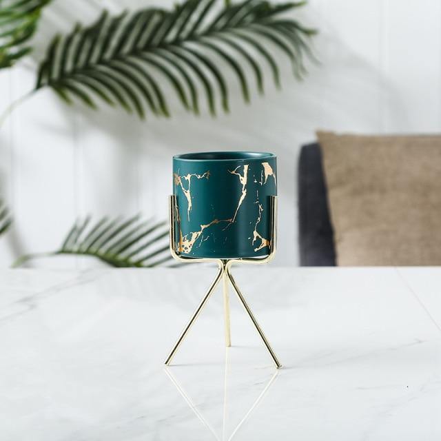 Marbled Ceramic Planter on a Geometric Metal Stand, view 16