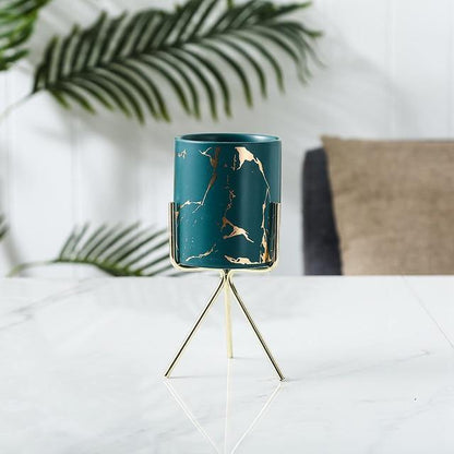 Marbled Ceramic Planter on a Geometric Metal Stand, view 14