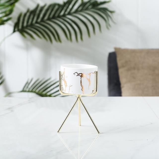 Marbled Ceramic Planter on a Geometric Metal Stand, view 9