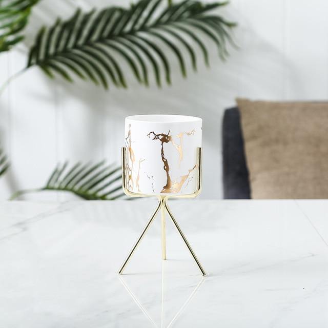Marbled Ceramic Planter on a Geometric Metal Stand, view 11