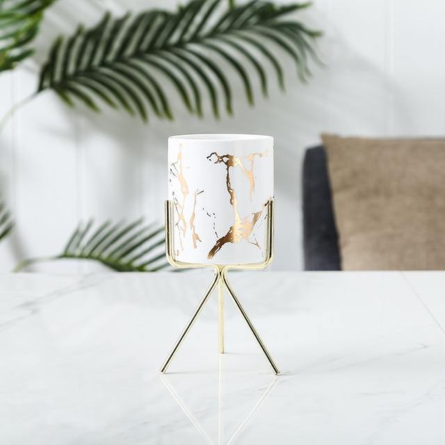Marbled Ceramic Planter on a Geometric Metal Stand, view 8
