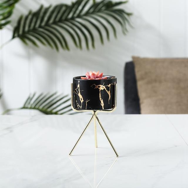Marbled Ceramic Planter on a Geometric Metal Stand, view 18