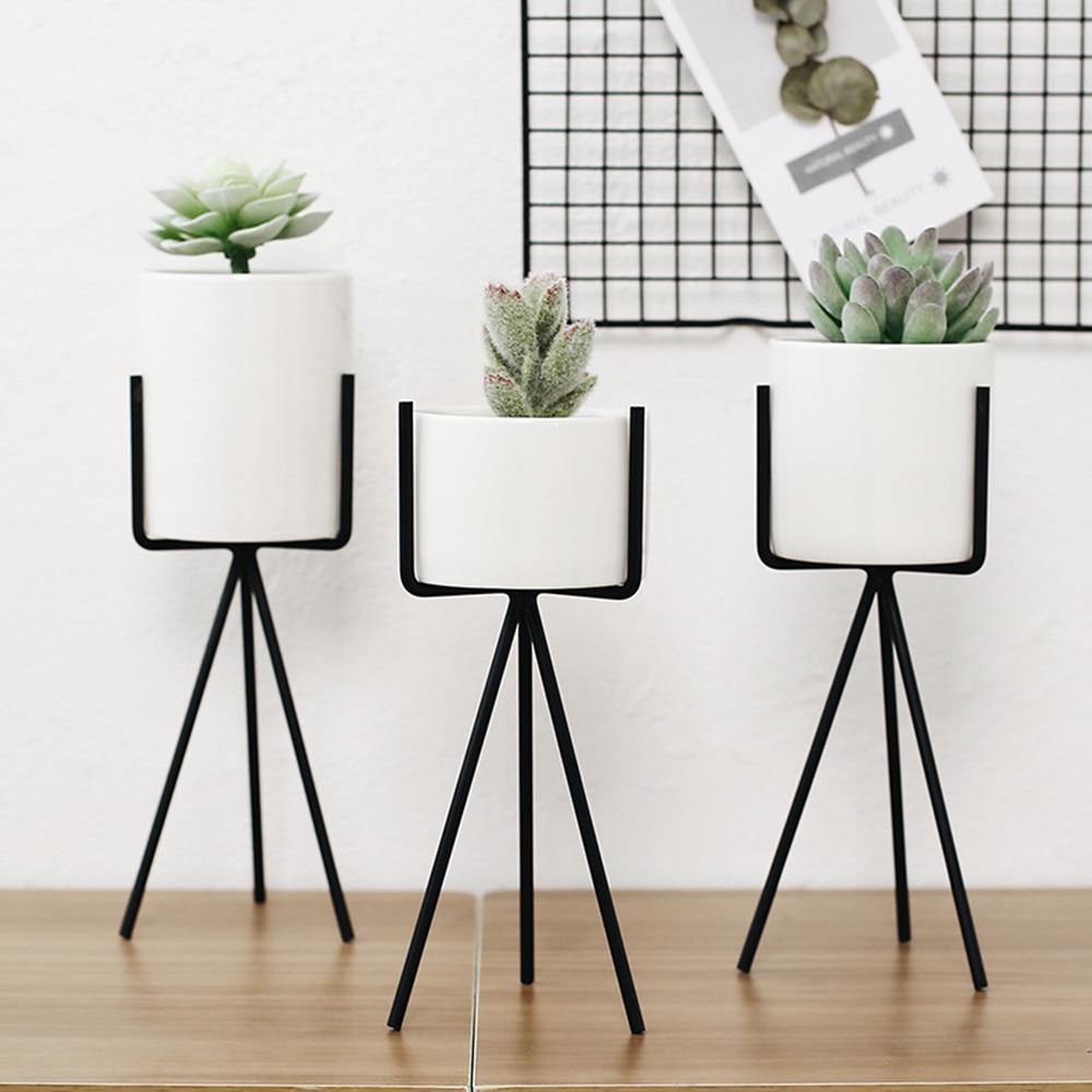 White Ceramic Trough Planter on Black Metal Stand