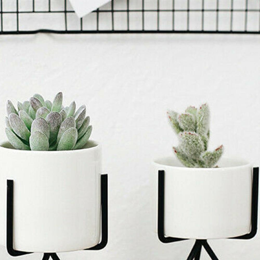 White Ceramic Trough Planter on Black Metal Stand, view 3