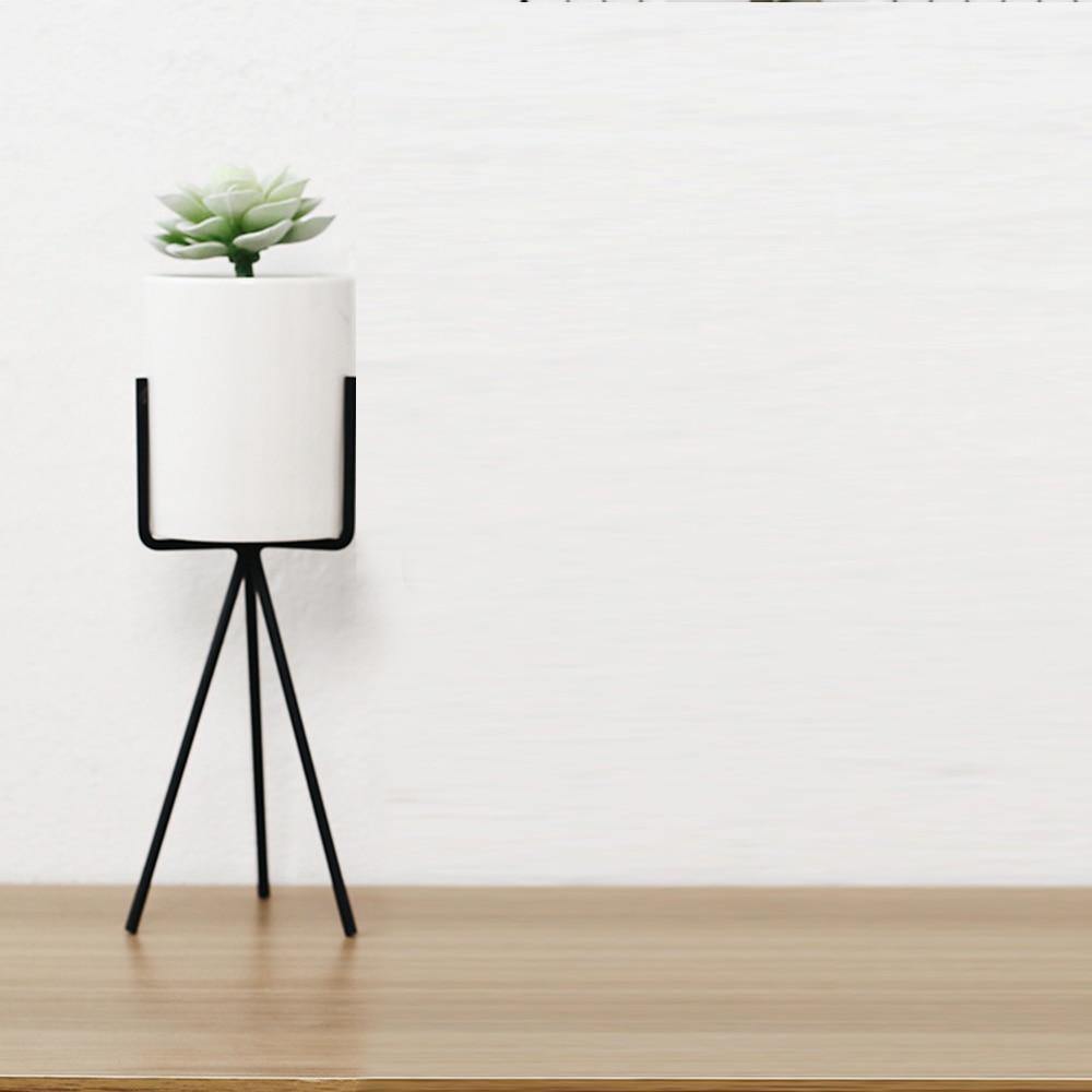 White Ceramic Trough Planter on Black Metal Stand, view 2