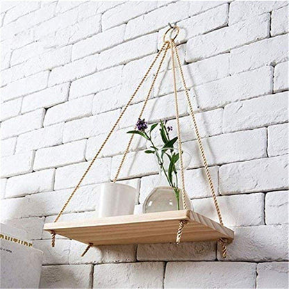 Rope Hung Wooden Wall Shelf, 13.8 in, view 4