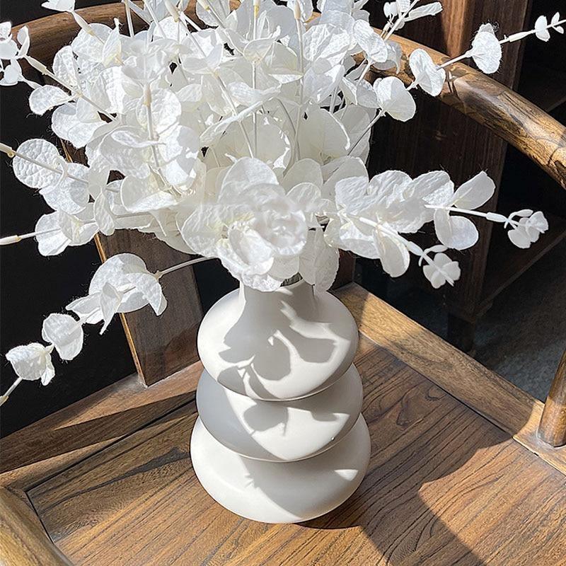 Abstract White Ceramic Vase for Flowers, 9 in Tall