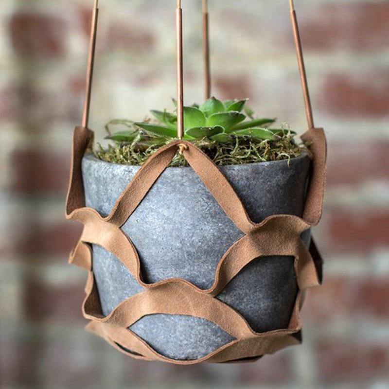 Vegan Leather and Rope Hanging Plant Holder, Two Sizes, view 4