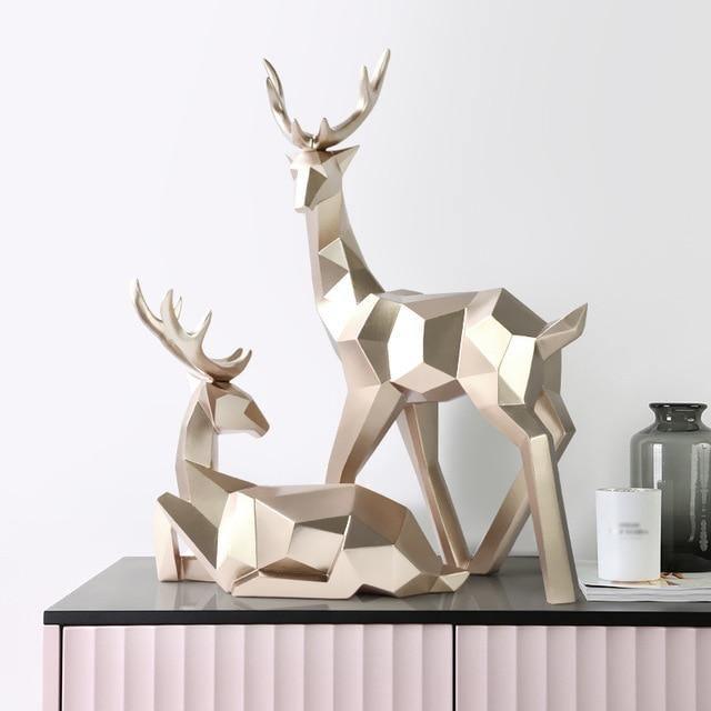 Geometric Reindeer Sculptures in Resin, Set of Two