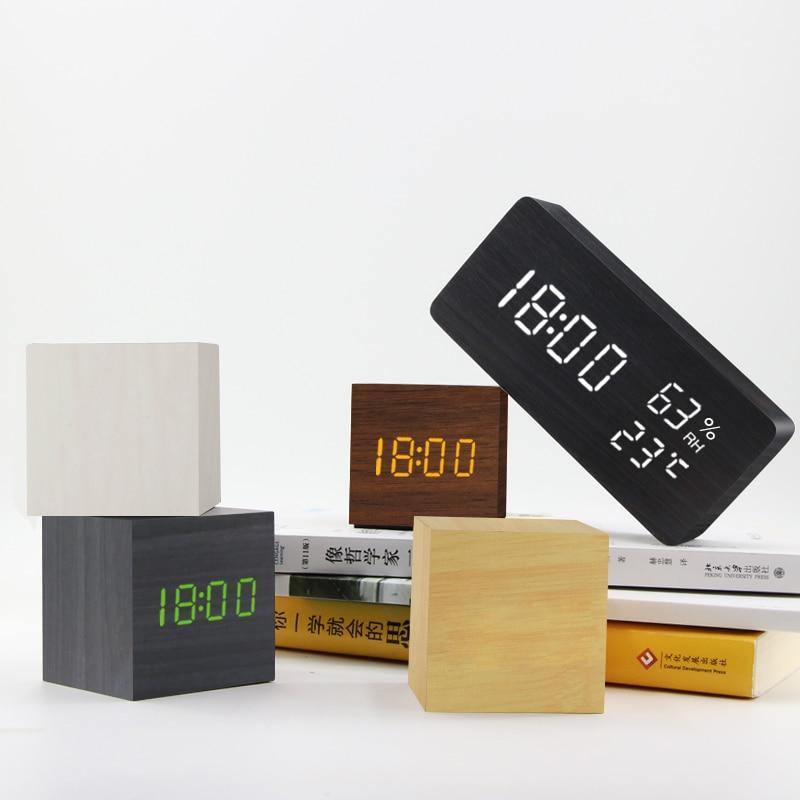 Wood Effect LED Alarm Clock, Cube or Rectangle