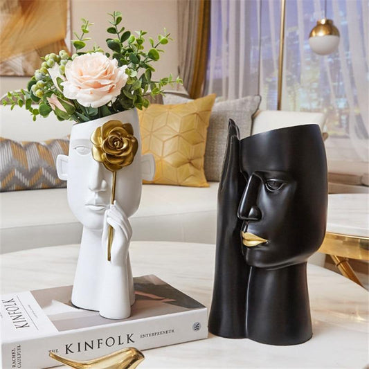 Modern Head Vase in Resin, Gold Detail, 2 Colors