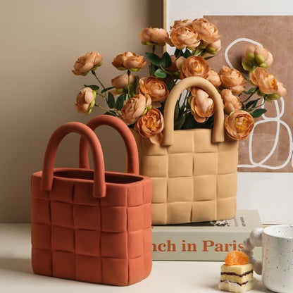 Basketweave Ceramic Vase, Matte Porcelain, 10 in Tall