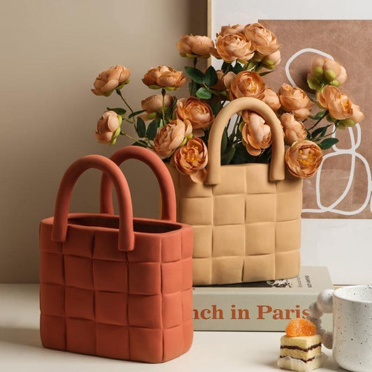 Basketweave Ceramic Vase, Matte Porcelain, 10 in Tall
