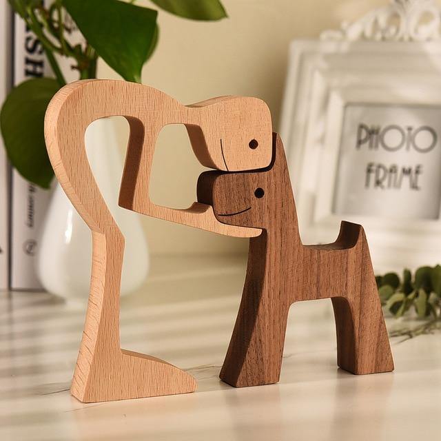 Carved Wooden Dog and Person Figurines