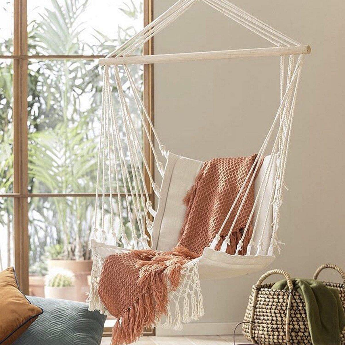 Macrame Hanging Hammock Chair with Wood Bar, view 7