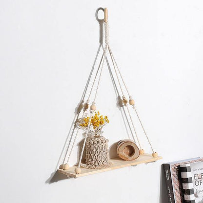 Macrame Rope Hanging Shelf in Recycled Wood, view 2