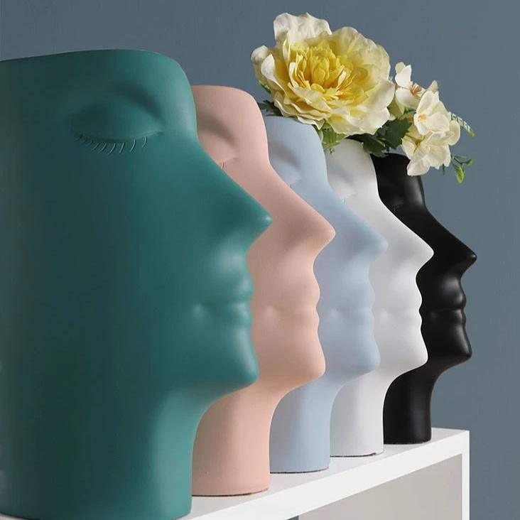 Sculpted Windswept Faces Resin Vase, Five Colors