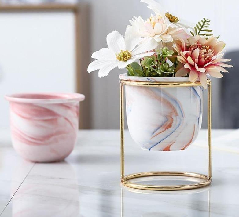 Marbled Ceramic Planter with Gold Metal Stand, view 3