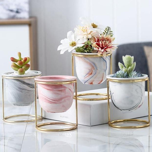 Marbled Ceramic Planter with Gold Metal Stand