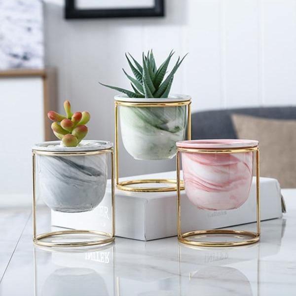 Marbled Ceramic Planter with Gold Metal Stand, view 10