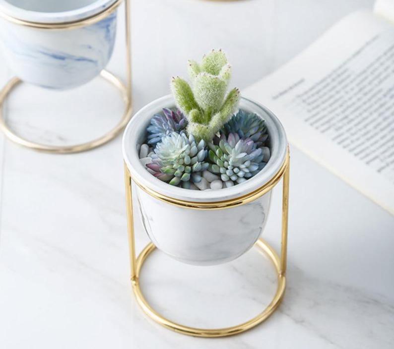 Marbled Ceramic Planter with Gold Metal Stand, view 2
