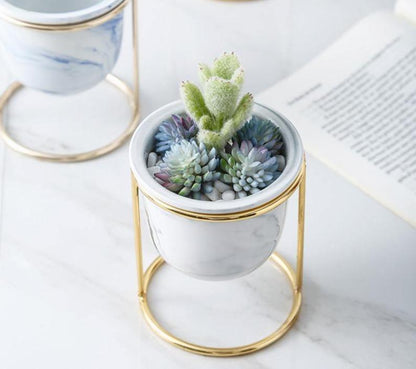 Marbled Ceramic Planter with Gold Metal Stand, view 2