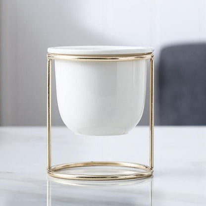 Marbled Ceramic Planter with Gold Metal Stand, view 5