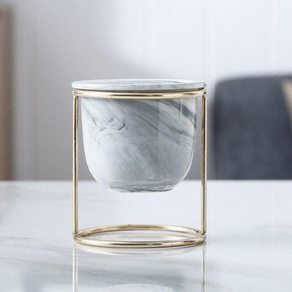 Marbled Ceramic Planter with Gold Metal Stand, view 7
