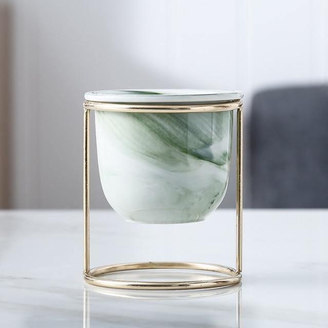 Marbled Ceramic Planter with Gold Metal Stand, view 4