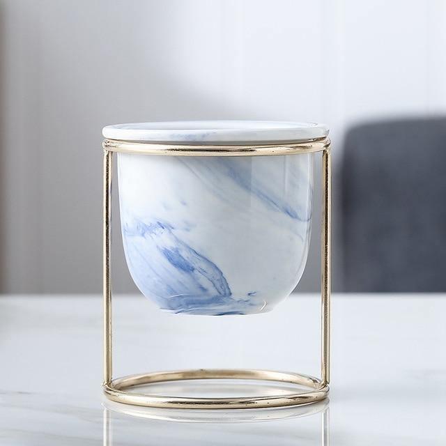 Marbled Ceramic Planter with Gold Metal Stand, view 9