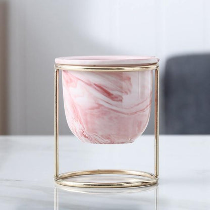 Marbled Ceramic Planter with Gold Metal Stand, view 6