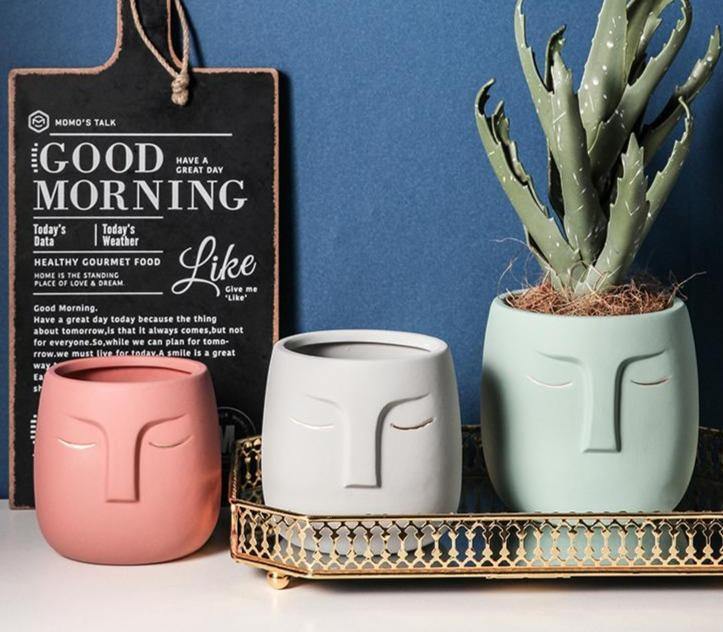 Sleeping Face Ceramic Planter with Gold Eyelid, view 7