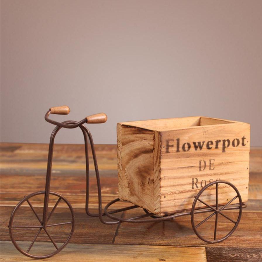 Iron Tricycle Planter Stand with Wooden Crate