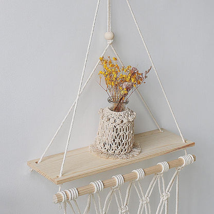 Macrame Rope Hanging Shelf in Recycled Wood, view 4